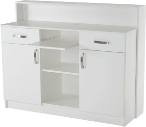 Reception desk MIABRI with illuminated facade, optional plexiglass logo, and sliding keyboard shelf. Ideal for delicate and elegant spaces.