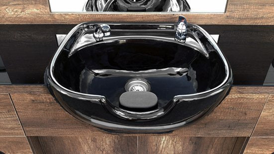 Coiffeuse & bac à shampoing >BARRY< Aspect arbre noyer sauvage, lavabo noir SwissHairDesign