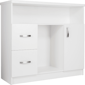 Modern white reception desk MIACOL with illuminated bar front and elegant storage compartments.