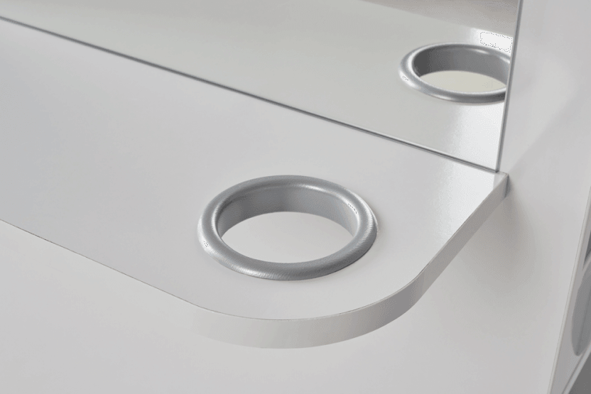 Close-up view of MIASEL WALL Coiffeuse with integrated electrical outlets and shelving