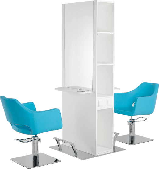 Central salon station MIASEL with two blue chairs, equipped with footrests, shelves, and built-in electrical outlets. Suitable for efficient space use.