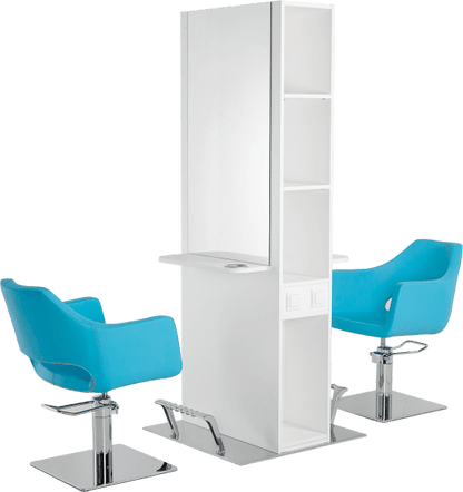 Central salon station MIASEL with two blue chairs, equipped with footrests, shelves, and built-in electrical outlets. Suitable for efficient space use.